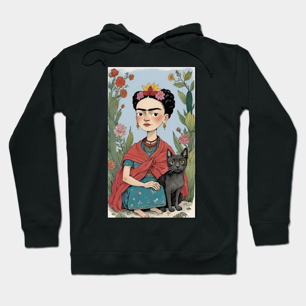 Frida and Her Feline Friend: Cartoon Illustration Hoodie by FridaBubble